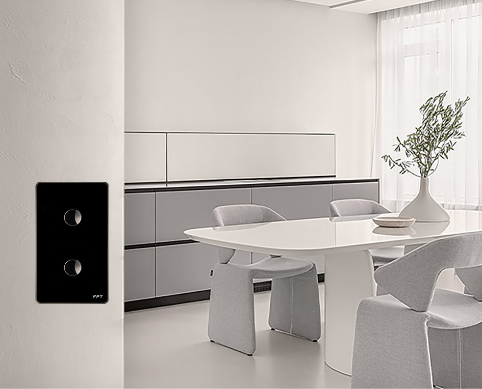 Công tắc cảm ứng 2 nút đen chữ nhật Athena 300W