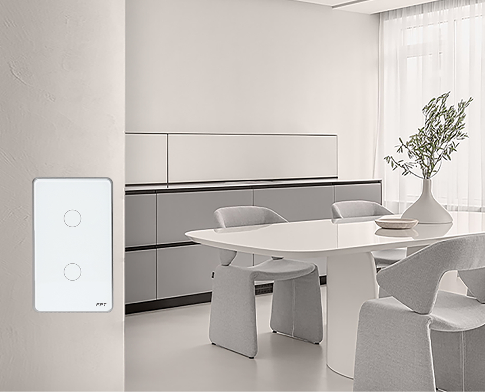 Công tắc cảm ứng 2 nút trắng chữ nhật Athena 300W